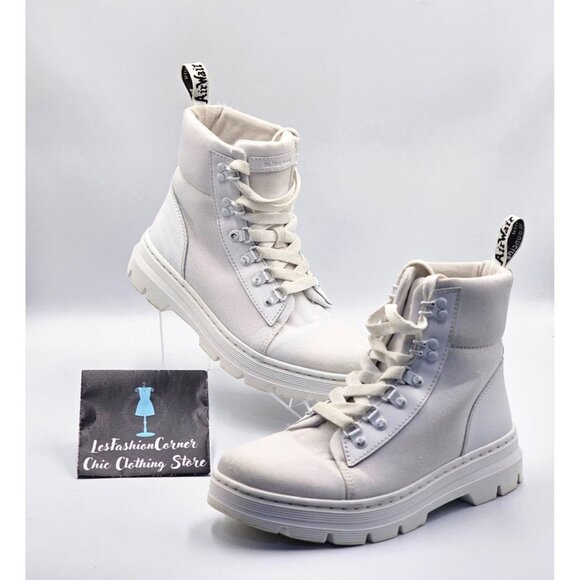 Dr Martens Women White White Canvas Combs Combat Chunky Platform Boots Sz 8 2520 - Picture 10 of 16
